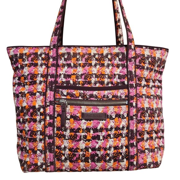 Vera Bradley Classic Tote Bag Houndstooth Tweeds Pink Orange Brown Quilted Retir - Picture 2 of 8